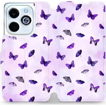 Pouzdro na mobilní telefon Flipové pouzdro Mobiwear - Infinix Smart 8 - VP76S Fialoví motýlci (Knížkové flip pouzdro, obal, kryt na mobil Infinix Smart 8 - VP76S Fialoví motýlci, materiál Umělá kůže + TPU - ochrana 360°, stojánek, silikonová vanička, magnetické zavírání)