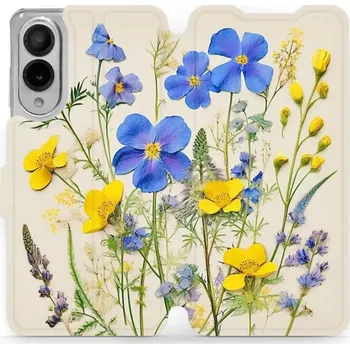 Pouzdro na mobilní telefon Flipové pouzdro Mobiwear - Samsung Galaxy S25 Edge - VP41S Modré a žluté kvítky (Knížkové flip pouzdro, obal, kryt na mobil Samsung Galaxy S25 Edge - VP41S Modré a žluté kvítky, materiál Umělá kůže + TPU - ochrana 360°, stojánek, silikonová vanička,)