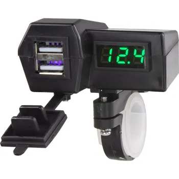 2x USB nabíječka s voltmetrem na motocykl, zelený displej