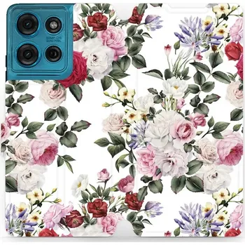 Pouzdro na mobilní telefon Flipové pouzdro Mobiwear - Motorola Moto G75 5G - MD01S Růže na bílé (Knížkové flip pouzdro, obal, kryt na mobil Motorola Moto G75 5G - MD01S Růže na bílé, materiál Umělá kůže + TPU - ochrana 360°, stojánek, silikonová vanička, magnetické zavírání)