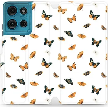 Pouzdro na mobilní telefon Flipové pouzdro Mobiwear - Motorola Moto G75 5G - VP77S Oranžoví motýlci (Knížkové flip pouzdro, obal, kryt na mobil Motorola Moto G75 5G - VP77S Oranžoví motýlci, materiál Umělá kůže + TPU - ochrana 360°, stojánek, silikonová vanička, magnetické zavírání