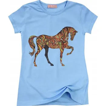 DÍVČÍ TRIČKO S KRÁTKÝM RUKÁVEM VZOROVANÝ KŮŇ světle modrá 134 T001L