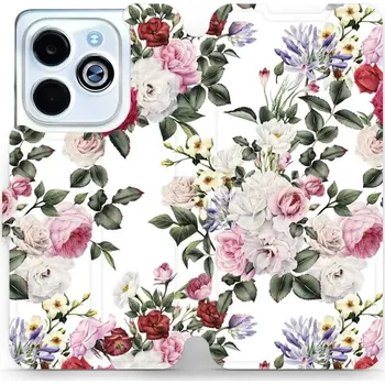 Pouzdro na mobilní telefon Flipové pouzdro Mobiwear - Infinix Smart 8 - MD01S Růže na bílé (Knížkové flip pouzdro, obal, kryt na mobil Infinix Smart 8 - MD01S Růže na bílé, materiál Umělá kůže + TPU - ochrana 360°, stojánek, silikonová vanička, magnetické zavírání)