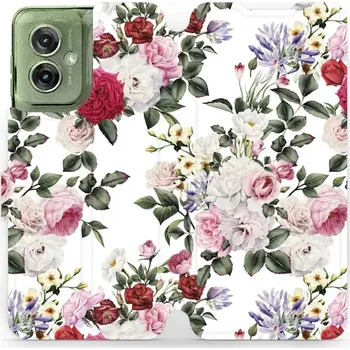 Pouzdro na mobilní telefon Flipové pouzdro Mobiwear - Motorola Moto G55 5G - MD01S Růže na bílé (Knížkové flip pouzdro, obal, kryt na mobil Motorola Moto G55 5G - MD01S Růže na bílé, materiál Umělá kůže + TPU - ochrana 360°, stojánek, silikonová vanička, magnetické zavírání)