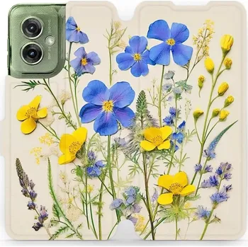 Pouzdro na mobilní telefon Flipové pouzdro Mobiwear - Motorola Moto G55 5G - VP41S Modré a žluté kvítky (Knížkové flip pouzdro, obal, kryt na mobil Motorola Moto G55 5G - VP41S Modré a žluté kvítky, materiál Umělá kůže + TPU - ochrana 360°, stojánek, silikonová vanička, magnetické)