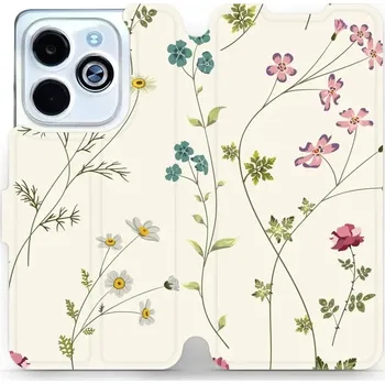 Pouzdro na mobilní telefon Flipové pouzdro Mobiwear - Infinix Smart 8 - MD03S Tenké rostlinky s květy (Knížkové flip pouzdro, obal, kryt na mobil Infinix Smart 8 - MD03S Tenké rostlinky s květy, materiál Umělá kůže + TPU - ochrana 360°, stojánek, silikonová vanička, magnetické)