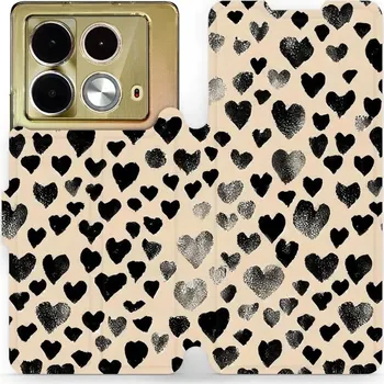 Pouzdro na mobilní telefon Flipové pouzdro Mobiwear - Infinix Note 40 - VA51S Černá srdíčka (Knížkové flip pouzdro, obal, kryt na mobil Infinix Note 40 - VA51S Černá srdíčka, materiál Umělá kůže + TPU - ochrana 360°, stojánek, silikonová vanička, magnetické zavírání)