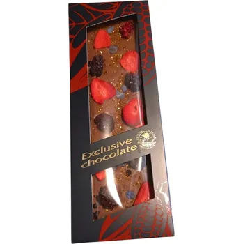 Čokoláda Mléčná čokoláda formovaná s ostružinami, jahodami, fialkami a zlatými krystalky [T-Severka, 120 g]