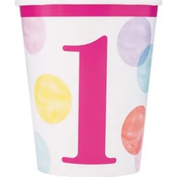 Party nádobí Papírové Kelímky k prvním narozeninám DOTS 8 ks