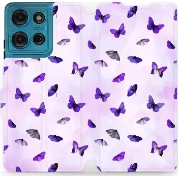 Pouzdro na mobilní telefon Flipové pouzdro Mobiwear - Motorola Moto G75 5G - VP76S Fialoví motýlci (Knížkové flip pouzdro, obal, kryt na mobil Motorola Moto G75 5G - VP76S Fialoví motýlci, materiál Umělá kůže + TPU - ochrana 360°, stojánek, silikonová vanička, magnetické zavírání)