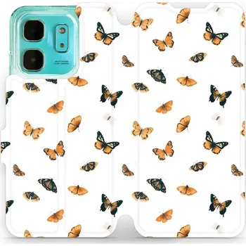 Pouzdro na mobilní telefon Flipové pouzdro Mobiwear - Infinix HOT 50i - VP77S Oranžoví motýlci (Knížkové flip pouzdro, obal, kryt na mobil Infinix HOT 50i - VP77S Oranžoví motýlci, materiál Umělá kůže + TPU - ochrana 360°, stojánek, silikonová vanička, magnetické zavírání)