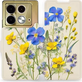 Pouzdro na mobilní telefon Flipové pouzdro Mobiwear - Infinix Note 40 - VP41S Modré a žluté kvítky (Knížkové flip pouzdro, obal, kryt na mobil Infinix Note 40 - VP41S Modré a žluté kvítky, materiál Umělá kůže + TPU - ochrana 360°, stojánek, silikonová vanička, magnetické zavírání)