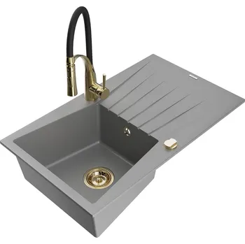 Granitový dřez MEXEN/S - Cesar granitový dřez s odkapávačem včetně baterie Aster, šedá 6514-71-73450-57-G