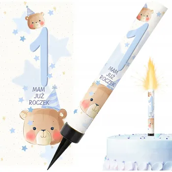 Dortová svíčka Dortová fontána k prvním narozeninám, svíčka s medvídkem, modré číslice 1