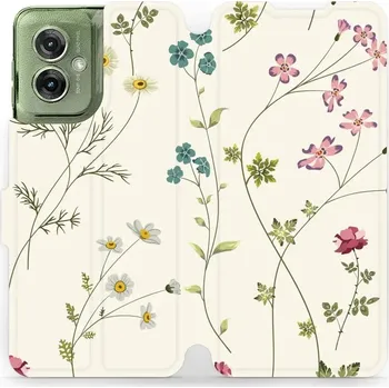Pouzdro na mobilní telefon Flipové pouzdro Mobiwear - Motorola Moto G55 5G - MD03S Tenké rostlinky s květy (Knížkové flip pouzdro, obal, kryt na mobil Motorola Moto G55 5G - MD03S Tenké rostlinky s květy, materiál Umělá kůže + TPU - ochrana 360°, stojánek, silikonová vanička,)