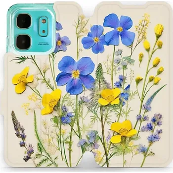 Pouzdro na mobilní telefon Flipové pouzdro Mobiwear - Infinix HOT 50i - VP41S Modré a žluté kvítky (Knížkové flip pouzdro, obal, kryt na mobil Infinix HOT 50i - VP41S Modré a žluté kvítky, materiál Umělá kůže + TPU - ochrana 360°, stojánek, silikonová vanička, magnetické zavírání)