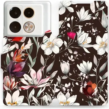 Pouzdro na mobilní telefon Flipové pouzdro Mobiwear - Infinix Note 40 Pro Plus - VP72S Květy na hnědé (Knížkové flip pouzdro, obal, kryt na mobil Infinix Note 40 Pro Plus - VP72S Květy na hnědé, materiál Umělá kůže + TPU - ochrana 360°, stojánek, silikonová vanička, magnetické)