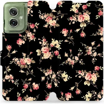 Pouzdro na mobilní telefon Flipové pouzdro Mobiwear - Motorola Moto G55 5G - VD02S Květy na černé (Knížkové flip pouzdro, obal, kryt na mobil Motorola Moto G55 5G - VD02S Květy na černé, materiál Umělá kůže + TPU - ochrana 360°, stojánek, silikonová vanička, magnetické zavírání)