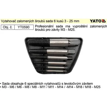 Závitořezný nástroj Vytahovač zalomených šroubů sada 6 kusů 3 - 25 mm Yato