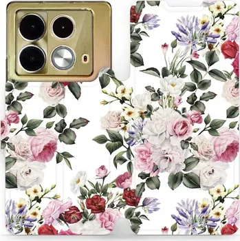 Pouzdro na mobilní telefon Flipové pouzdro Mobiwear - Infinix Note 40 - MD01S Růže na bílé (Knížkové flip pouzdro, obal, kryt na mobil Infinix Note 40 - MD01S Růže na bílé, materiál Umělá kůže + TPU - ochrana 360°, stojánek, silikonová vanička, magnetické zavírání)