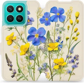 Pouzdro na mobilní telefon Flipové pouzdro Mobiwear - Honor X8c - VP41S Modré a žluté kvítky (Knížkové flip pouzdro, obal, kryt na mobil Honor X8c - VP41S Modré a žluté kvítky, materiál Umělá kůže + TPU - ochrana 360°, stojánek, silikonová vanička, magnetické zavírání)