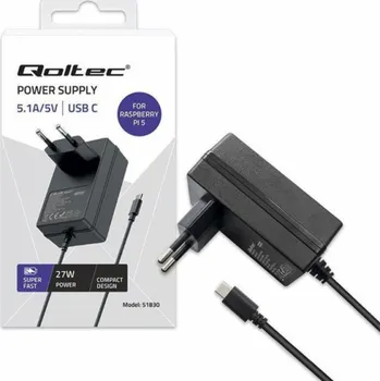 Qoltec Super FAST PD nabíječka pro Raspberry PI 5 | USB-C | 27W | 5-12V | 1,8-5A | Černý