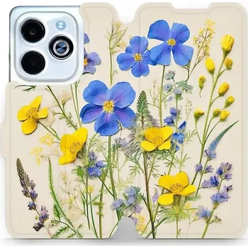 Pouzdro na mobilní telefon Flipové pouzdro Mobiwear - Infinix HOT 40i - VP41S Modré a žluté kvítky (Knížkové flip pouzdro, obal, kryt na mobil Infinix HOT 40i - VP41S Modré a žluté kvítky, materiál Umělá kůže + TPU - ochrana 360°, stojánek, silikonová vanička, magnetické zavírání)