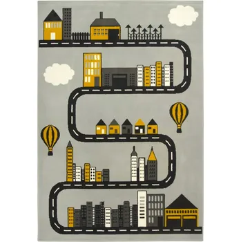 Koberec KOBEREC ŠEDÝ DO DĚTSKÉHO POKOJE ULICE CESTA DOMKY BALÓNKY LUNA KIDS 160x225 cm