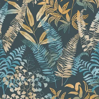 Tapeta Tmavě modrá vinylová tapeta na zeď – žluté a modré listy rostlin