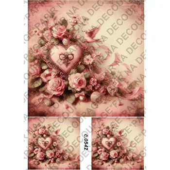 Umělecký papír Rýžový a soft papír na decoupage - Vintage, srdce - KB0542 Materiál: Soft, Rozměr: A4