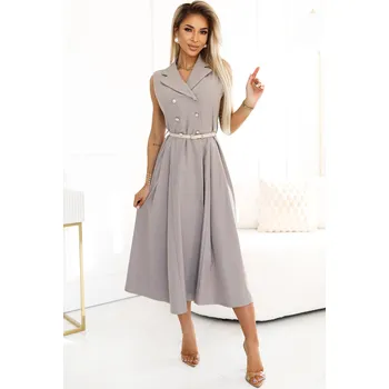 Dámské šaty 596-2 Elegantní midi košilka se zlatými knoflíky a páskem - GREY BEige UNI