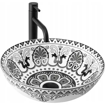 Umyvadlo REA umyvadlo na desku kulaté černo-bílé s orientálním vzorem ETNO