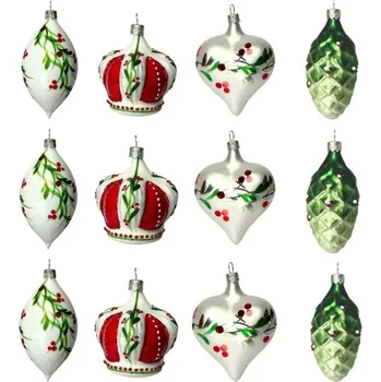 Vánoční ozdoba Koulier Skleněné vánoční ozdoby Cesmína - Velká sada s korunami, 12 ks