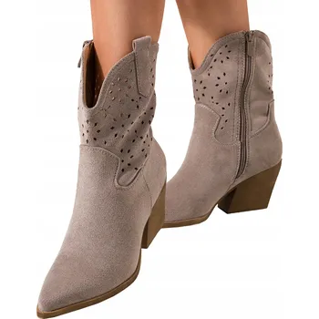 Dámská zimní obuv KOTNÍKOVÉ BOTY Kovbojské Boty Šedé Dámské Jarní Ažurové Módní Na Podpatku Kostky vel. 37