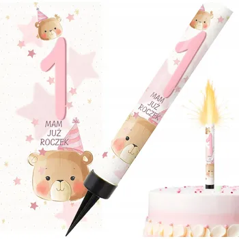 Dortová svíčka Dortová fontána k prvním narozeninám, svíčka s medvídkem, růžové číslice 1