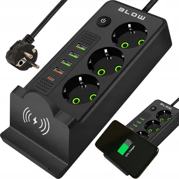 Napájecí kabel Prodlužovací Kabel lišta Blow 3 zásuvky, 4x USB, 3 m s indukční nabíječkou