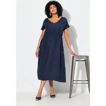 Dámské šaty Ulla Popken, Plus size Maxi šaty, stahování, výstřih do V, bez rukávů pro plnoštíhlé nadměrná velikost, 838835730-1132, modrý, 58/60, Nadměrné velikosti, Plus size oblečení, Oblečení pro boubelky, Oblečení pro baculky, Oblečení pro plnoštíhlé, Oblečení pr