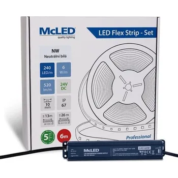 ukončovací lišta McLED LED pásek - sada 6 m, 240 LED/m, NW, 6 W/m, DC 24V, 520 lm/m, CRI90, IP67, 10 mm, vodič 3 m ML-126.033.90.S06001