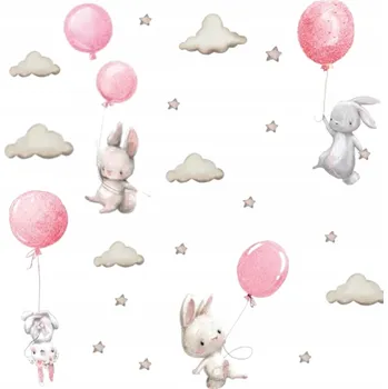 Samolepící dekorace SAMOLEPKY SAMOLEPKA NA STĚNU PRO DĚTI BALÓNKY HVĚZDIČKY KRÁLÍČCI OBLÁČKY