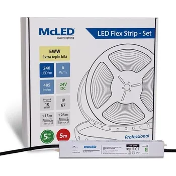 ukončovací lišta McLED LED pásek - sada 5 m, 240 LED/m, EWW, 6 W/m, DC 24V, 485 lm/m, CRI90, IP67, 10 mm, vodič 3 m ML-126.035.90.S05001
