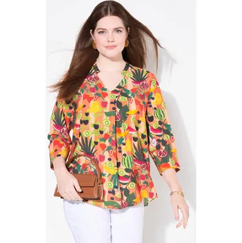 Dámská tunika Ulla Popken, Plus size Tunika, ovoce, stojáček, výstřih do V, 3/4 rukávy pro plnoštíhlé nadměrná velikost, 838185658-1132, oranžový, 58/60, Nadměrné velikosti, Plus size oblečení, Oblečení pro boubelky, Oblečení pro baculky, Oblečení pro plnoštíhlé, Obleč