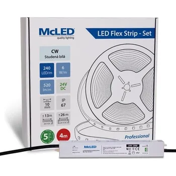 ukončovací lišta McLED LED pásek - sada 4 m, 240 LED/m, CW, 6 W/m, DC 24V, 520 lm/m, CRI90, IP67, 10 mm, vodič 3 m ML-126.032.90.S04001