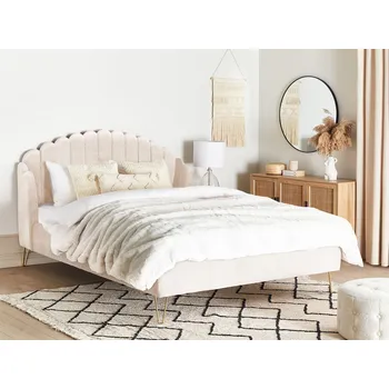 Postel Postel béžová sametová 180 x 200 cm čalouněný rám postele kovové nohy retro design zaoblené prošívané čelo ve tvaru mušle ložnice Beliani