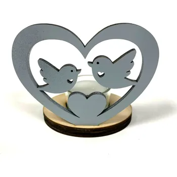 Svícen Dřevěný svícen ptáčci s kalíškem a čajovou svíčkou Barva: Šedá