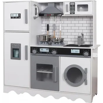 Dětská kuchyňka Derrson dřevěná kuchyňka XXL interaktivní bílá s pračkou a ledničkou