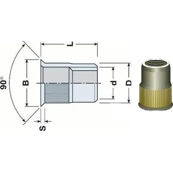 Nýt nýtovací matice OTEVŘENÁ M10x21 A2 NEREZ zápustná velká rýhovaná hlava rýhované tělo (s= 1.7-4.5 mm)