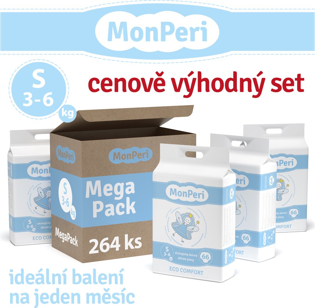 MonPeri Eco Comfort Mega pack S 3 – 6 kg - 264 ks EKO Jednorázové dětské plenky
