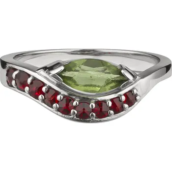 Prsten Stříbrný prsten s českým granátem a vltavínem, rhodiovaný - vlnka Velikost: 60