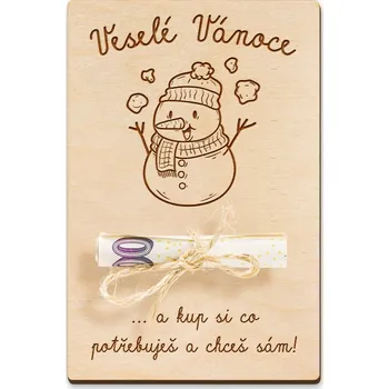 Dárková krabička Dřevěná dárková karta na peníze - Veselé Vánoce (sněhulák)