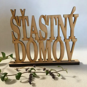 Nápis Šťastný domov ve stojánku 22 cm, 2 barvy Barva: Přírodní Dřevěný nápis Domov na stůl